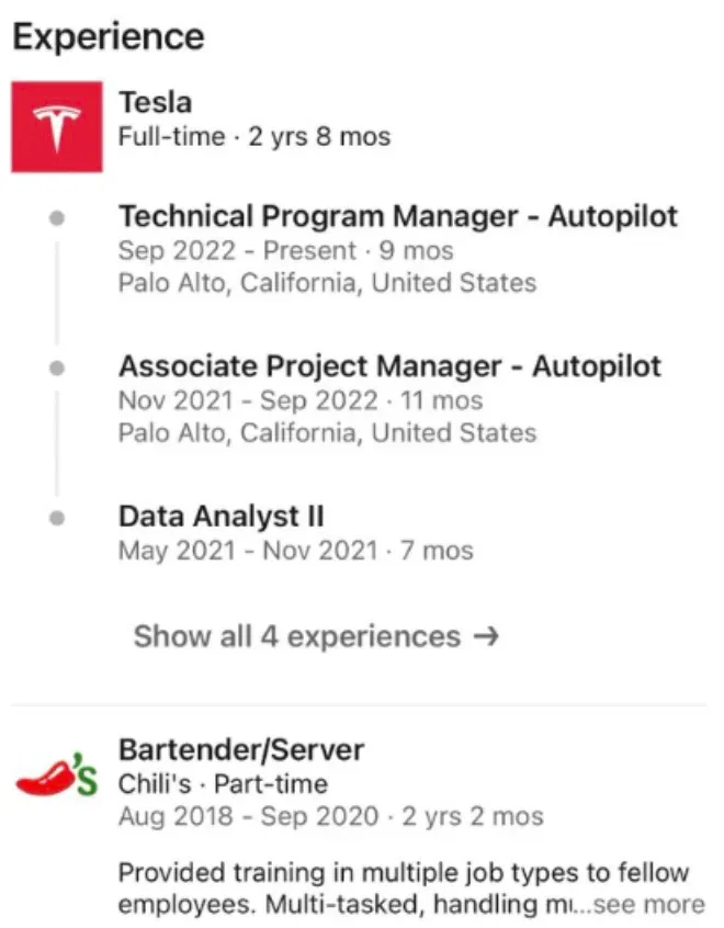 A LinkedIn profile showing work experience at Tesla as a Technical Program Manager, Associate Project Manager, and Data Analyst, followed by a position at Chili's as a Bartender/Server.