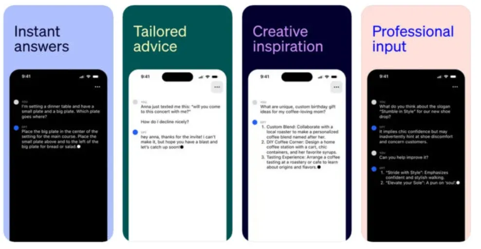 A promotional image showcasing four different chat interactions on a smartphone, each demonstrating features like instant answers, tailored advice, creative inspiration, and professional input.