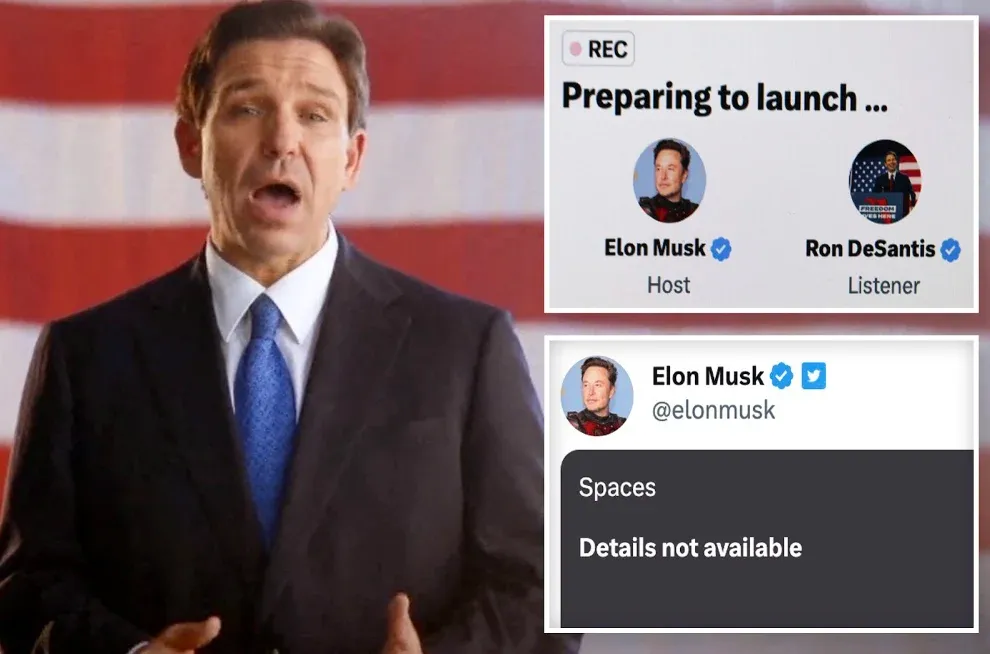 Ron DeSantis speaking with an American flag in the background. Inset images show a Twitter Spaces session with Elon Musk and Ron DeSantis preparing to launch.