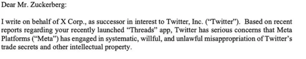 A letter addressed to Mr. Zuckerberg from X Corp., alleging Meta's Threads app misappropriated Twitter's trade secrets and IP.