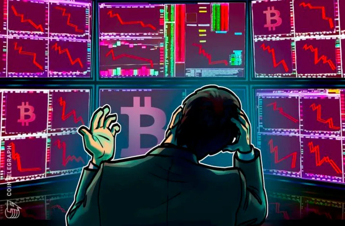 An illustration of a person holding their head in frustration, looking at multiple screens displaying downward-trending graphs. A large Bitcoin logo is prominently displayed on one of the screens.