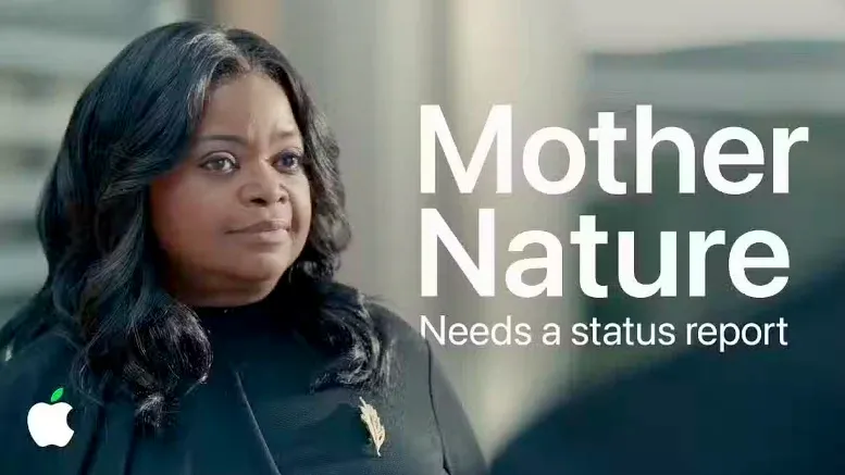 A serious woman with dark hair stands next to the text 'Mother Nature Needs a status report' and an Apple logo.