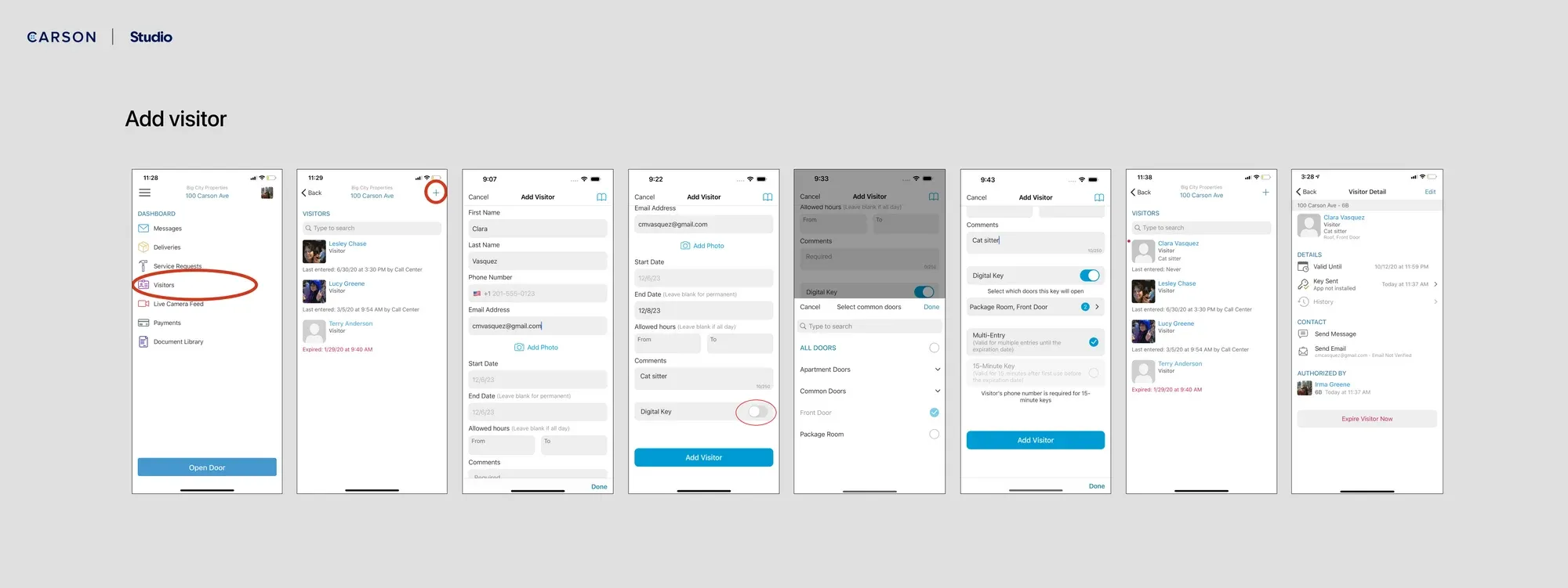 A step-by-step guide on a mobile app for adding a visitor. The process involves navigating through visitor selection, entering details, configuring access options, and reviewing the visitor's profile and access permissions.