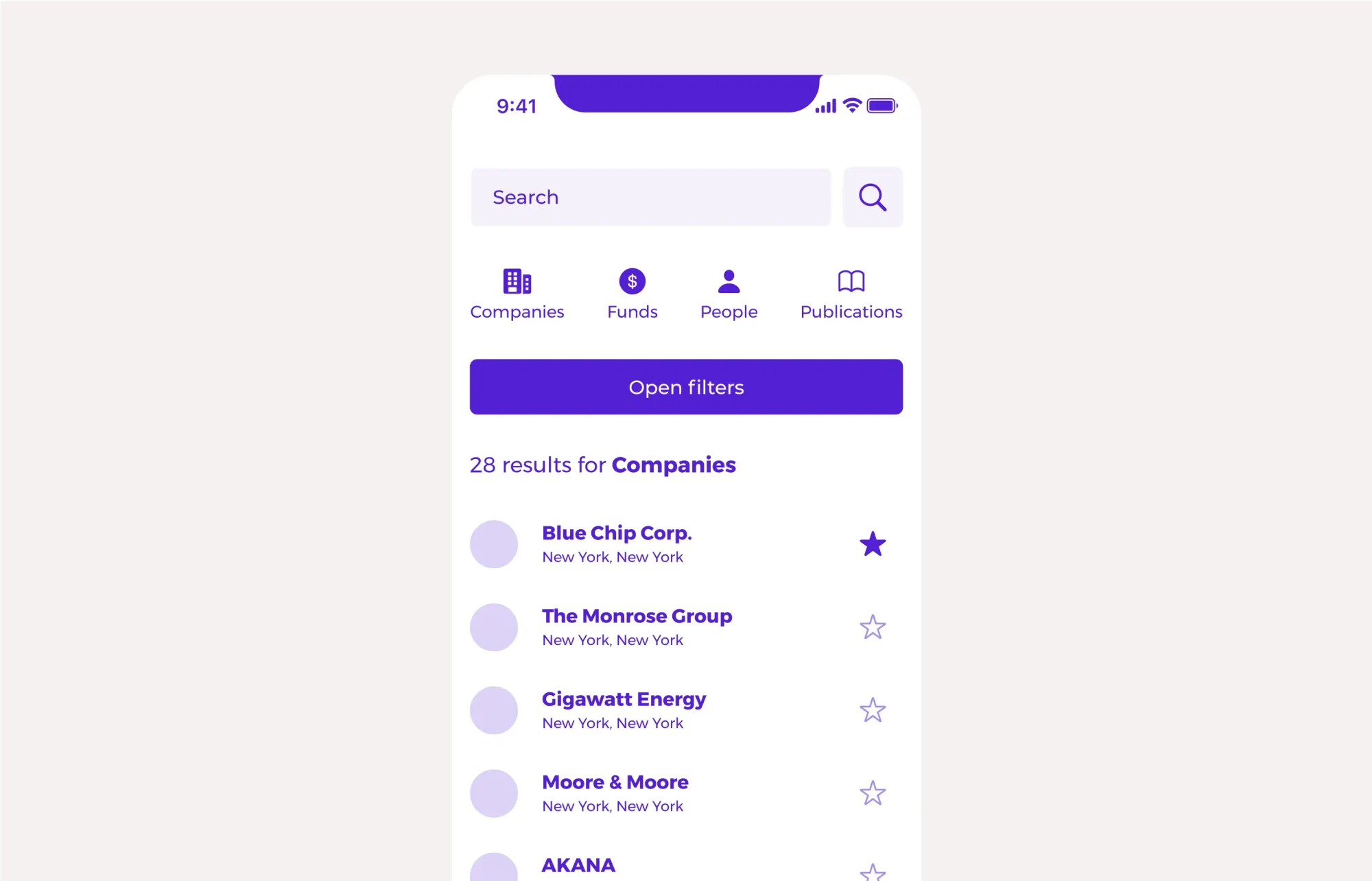 Search results on a mobile app displaying 28 companies in Finance Technology in New York. The companies listed include Blue Chip Corp., The Monrose Group, Gigawatt Energy, Moore & Moore, and AKANA.