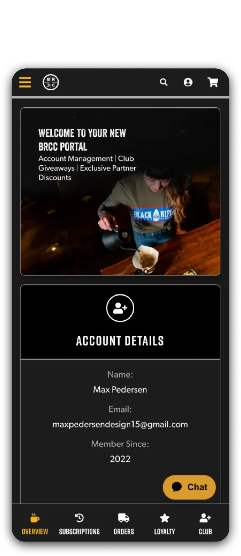 Black Rifle Coffee Company website account dashboard before