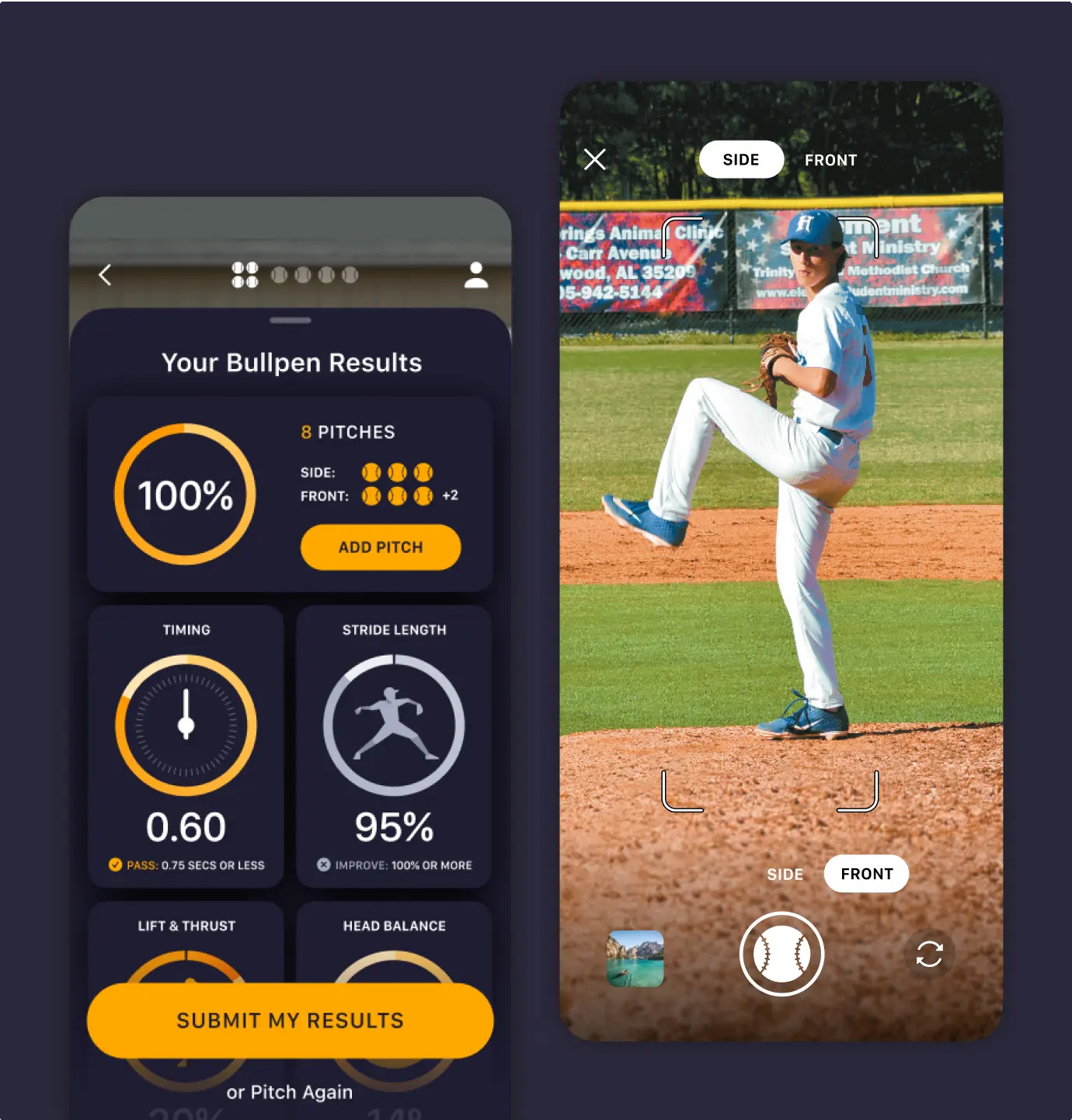 Mustard case study - 2 screens of the app. Showing results and the recording of a baseball pitcher