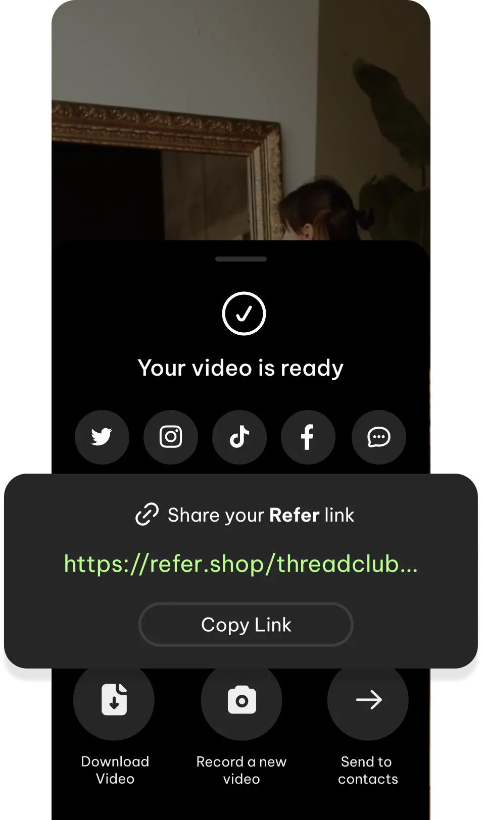 UI displaying the published video screen of the Refer iOS application allowing a user to share the link to the video